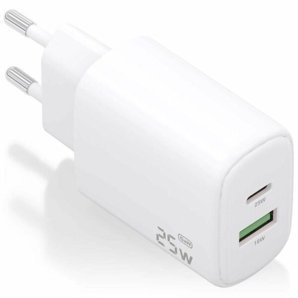 Cargador de Pared GaN Aisens A110-0911/ 1xUSB Tipo-C/ 1xUSB/ 25W/ Blanco