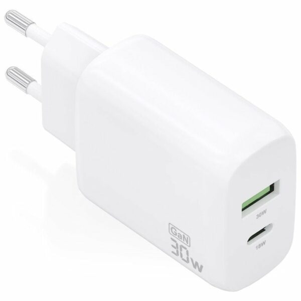 Cargador de Pared GaN Aisens A110-0923/ 1xUSB Tipo-C/ 1xUSB/ 30W/ Blanco