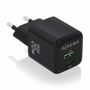 Cargador de Pared GaN Aisens ASCH-20W2P011-BK/ 1xUSB Tipo-C/ 1xUSB/ 20W