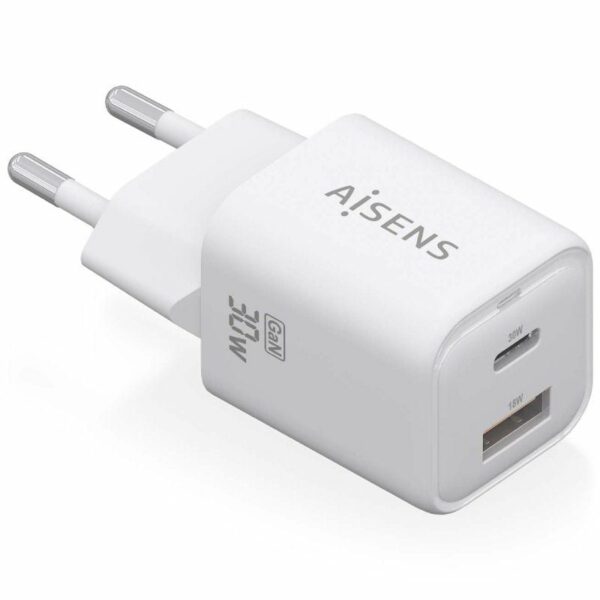 Cargador de Pared GaN Aisens ASCH-30W2P020-W/ 1xUSB Tipo-C/ 1xUSB/ 30W