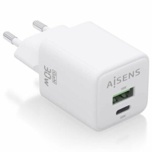 Cargador de Pared GaN Aisens ASCH-30W2P037-W/ 1xUSB Tipo-C/ 1xUSB/ 30W