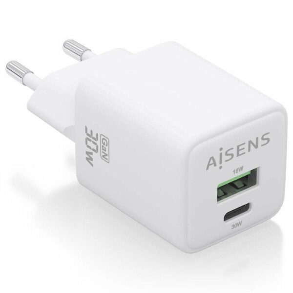 Cargador de Pared GaN Aisens ASCH-30W2P037-W/ 1xUSB Tipo-C/ 1xUSB/ 30W