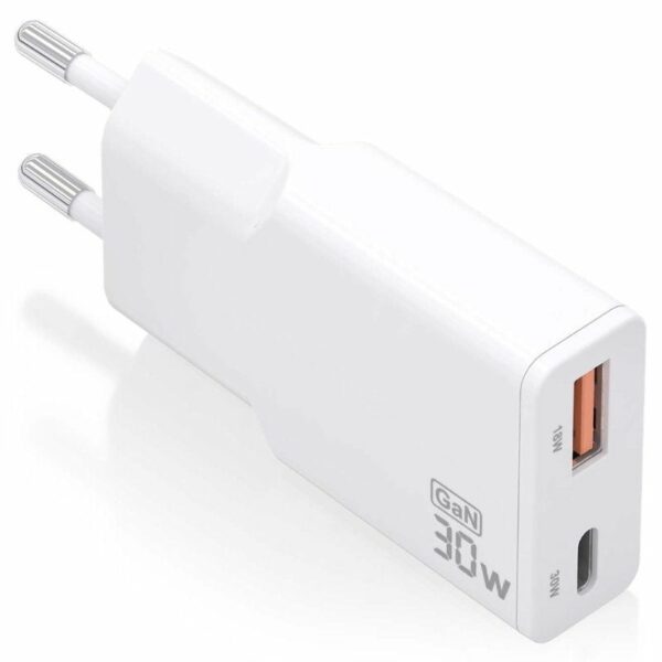 Cargador de Pared GaN Aisens ASCH-30W2P046-W/ 1xUSB Tipo-C/ 1xUSB/ 30W/ Blanco