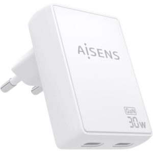 Cargador de Pared GaN Aisens ASCH-30W2P075-W/ 2xUSB Tipo-C/ 30W/ Blanco