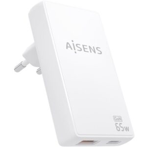Cargador de Pared GaN Aisens ASCH-65W2P076-W/ 1xUSB Tipo-C/ 1xUSB/ 65W/ Blanco