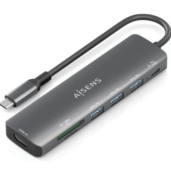 Docking USB Tipo-C Aisens ASUC-7P025-GR/ 1xHDMI/ 3xUSB/ 1xUSB Tipo-C PD/ 1xLector Tarjetas/ Gris