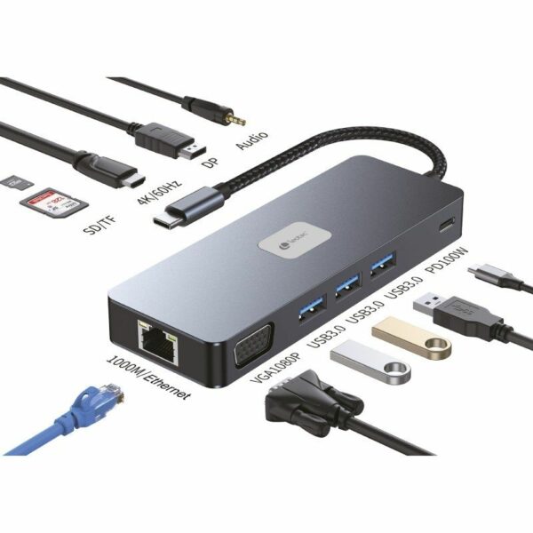 Docking USB Tipo-C Leotec LEDS03/ 3xUSB/ 1xUSB Tipo-C PD/ 1xHDMI 4K/ 1 xDisplayPort/ 1xVGA/ 1xAudio/ 1xRJ45/ 1xLector Tarjetas SD y MicroSD/ Gris