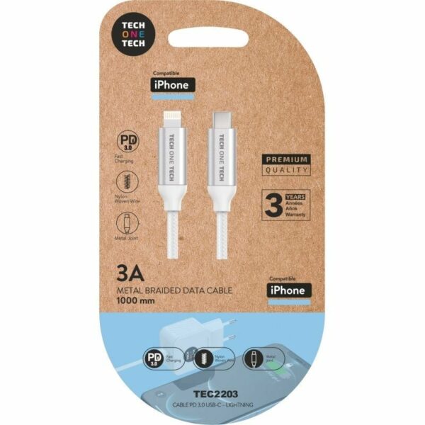Cable USB Tipo-C Lightning Tech One Tech TEC2203/ Lightning Macho - USB Tipo-C Macho/ 1m/ Blanco