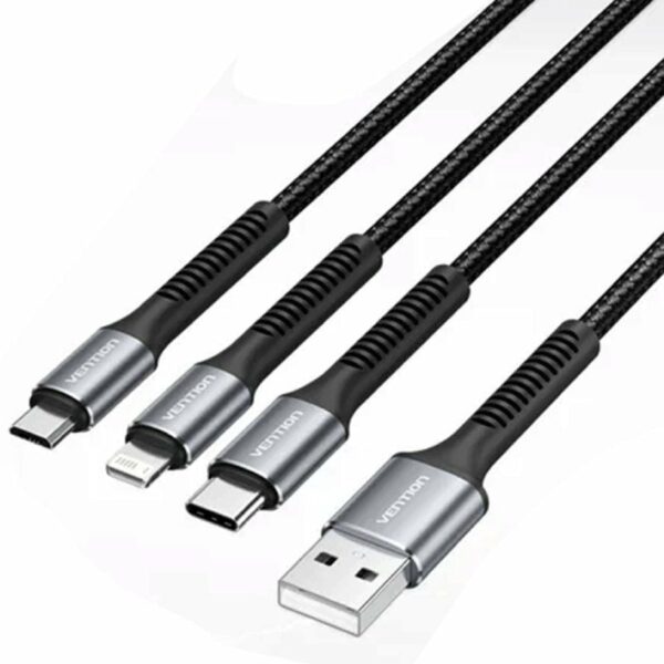Cable USB 2.0 Lightning Vention H18BAV/ USB Tipo-C Macho/ Lightning Macho - MicroUSB Macho - USB Macho/ 1.2m/ Negro